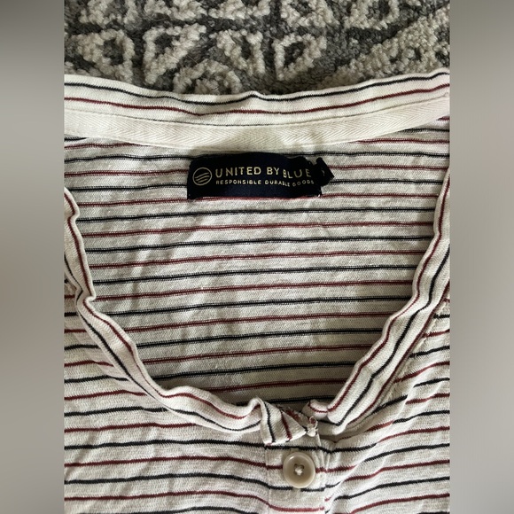 United By Blue Cream Navy and Dark Red Henley T-shirt in Hemp/Linen - Picture 6 of 9
